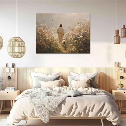 Jesus Leaves the 99 Sheep Wall Art The Lost Sheep Bible Stories Painting picture Wall Decor religion Christian Wildflowers Poster Print Artwork for Church LDS bedroom Living Home Decor 24x36 in Canvas