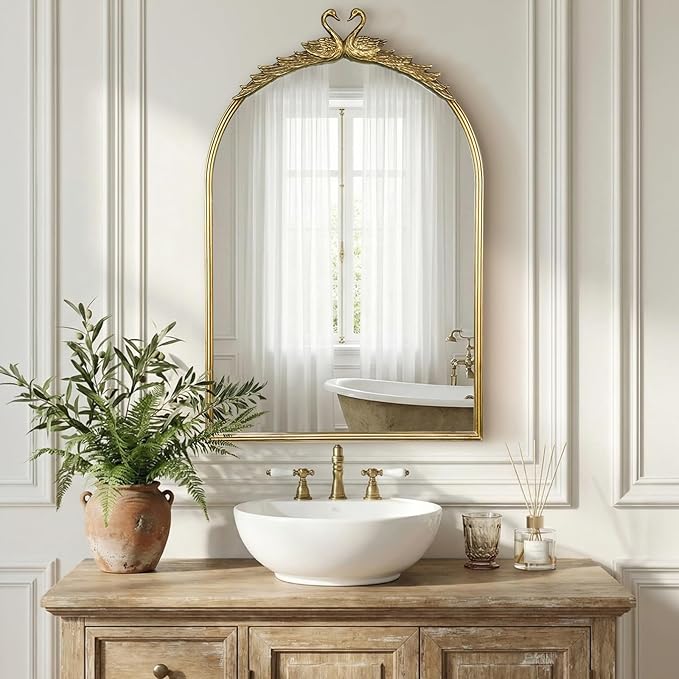 Gold Baroque Vintage Mirror for Vanity 24x35.5Inch Gold Antique with Ornate Frame, Arched Vintage Wall for Bathroom, Living Room, Fireplace, Entryway (Golden (Arched 5), 36"L x 24"W（Vertical ）)