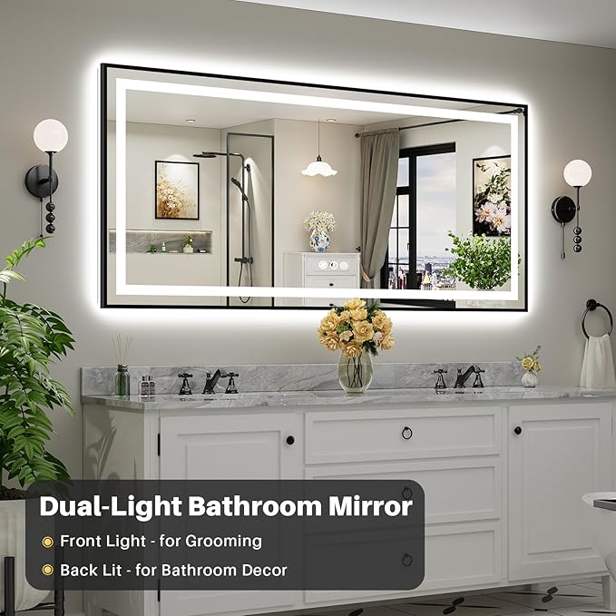 77x36 Inch LED Bathroom Mirror with Black Frame, Backlit & Front Lit, Anti-Fog Lighted Bathroom Vanity Mirror for Wall, Memory Function, Dimmable, HD Tempered Glass, Shatter-Proof