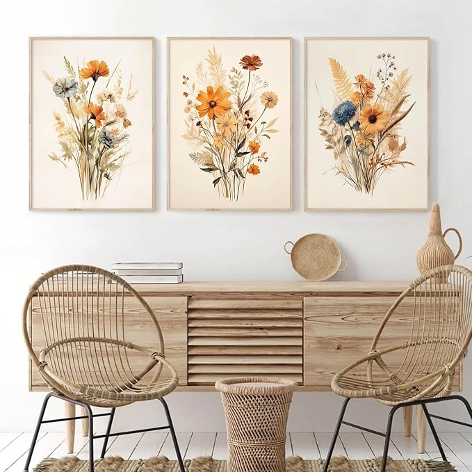 Botanical Floral Wall Art Set of 3 Vintage Wildflower Canvas Wall Decor Watercolor Rustic Farmhouse Wall Art Aesthetic Botanical Pictures Vintage Floral Prints for Room Bedroom 12x16 Inch Unframed