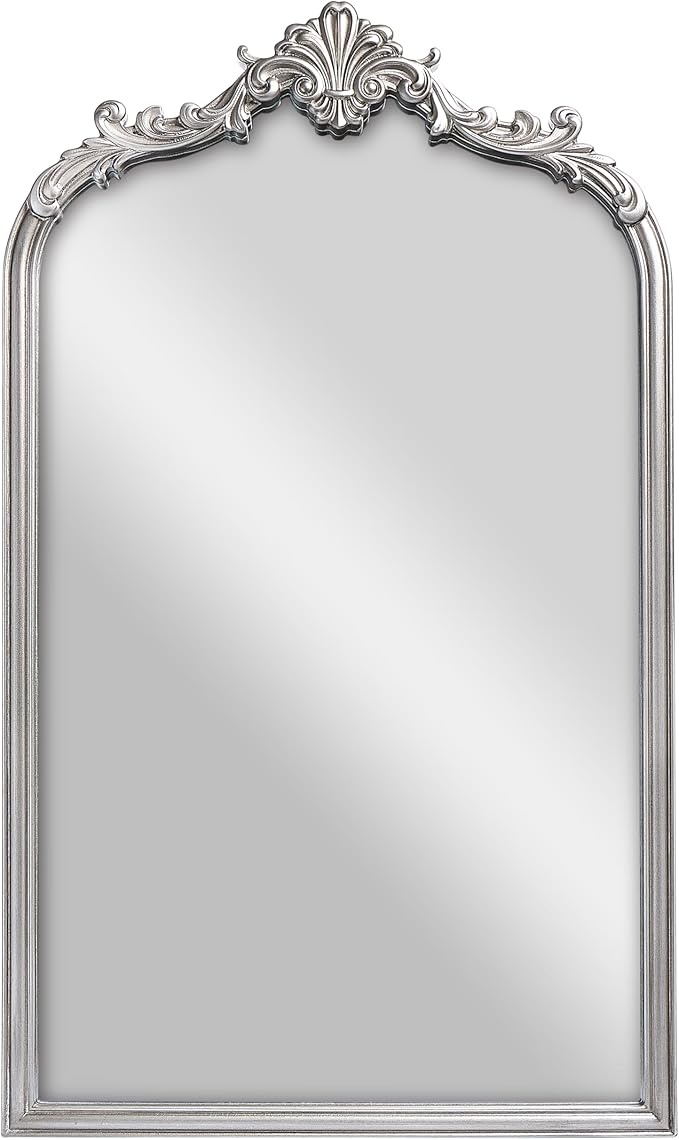 Wylde Iris English Estate Carved Arch Wood Wall Mirror, Mirror for Entryway, Living Room, Bathroom, Antique Silver, 20.4x33