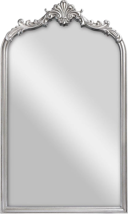 Wylde Iris English Estate Carved Arch Wood Wall Mirror, Mirror for Entryway, Living Room, Bathroom, Antique Silver, 20.4x33