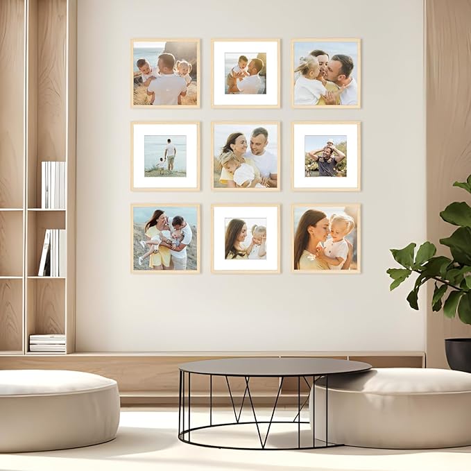 12x12 Picture Frame Set of 6, Display Pictures 8x8 with Mat or 12x12 Without Mat, Tabletop Display and Wall Hanging Photo Frame, Gallery Wall Frame Set, Natural Wood Color
