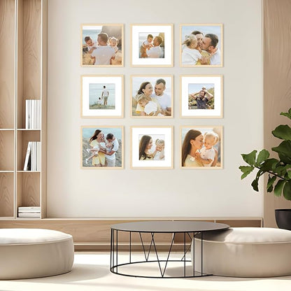12x12 Picture Frame Set of 6, Display Pictures 8x8 with Mat or 12x12 Without Mat, Tabletop Display and Wall Hanging Photo Frame, Gallery Wall Frame Set, Natural Wood Color