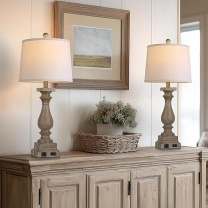 28" Tall Farmhouse Table Lamp with USB C+A Ports and AC Outlet, 3 Way Touch Control Rustic Bedside Lamp for Bedroom, Brown Vintage Nightstand Lamp for Living Room Office