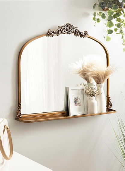 Kate and Laurel Arendahl Traditional Vintage Arch Mirror with Shelf, 33 x 26, Gold, Baroque Antique Arched Wall Mirror with Functional Shelf for Use as Vanity Bathroom Mirror or Cute Nursery Mirror