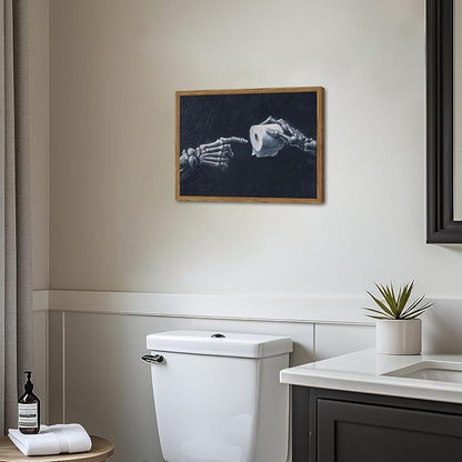 Funny Skeleton Bathroom Wall Art Gothic Skull Hand and Toilet Paper Bathroom Wall Decor Picture, Dark Academia Restroom Poster Canvas Print Painting 12x16 inch Wood Framed