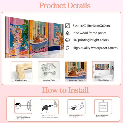 Funny Tiger Bathroom Wall Art Set of 3 Whimsical Tiger in Bathtub Canvas Wall Decor Painting Maximalist Animal Bathroom Poster Print Aesthetic 16x24 inch Framed