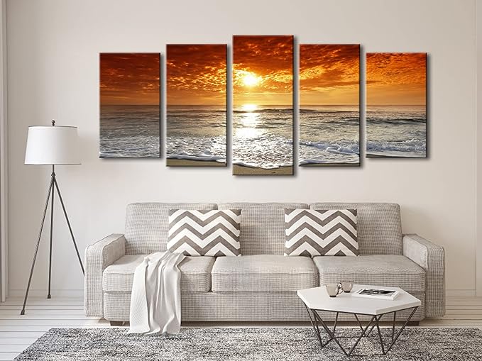 Wieco Art Grand Sight Extra Large 5 Panels Modern Landscape Artwork HD Seascape Giclee Canvas Prints Sea Beach Pictures to Photo Paintings on Canvas Wall Art for Home Decorations Wall Decor