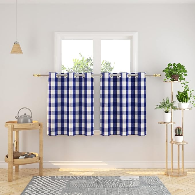 3 Pc Cotton Classic Country Farmhouse Kitchen Window Curtain Grommet Top -Navy Blue & White Buffalo Check Tier & Valance Set, 54" x 18" / 32" x 30"