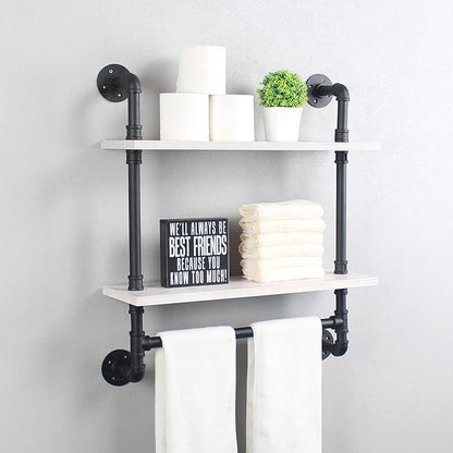 MBQQ Iron Pipe Shelves Industrial Bathroom Shelves with Towel bar,24in Rustic Metal Pipe Floating Shelves Pipe Wall Shelf,2 Tier Industrial Shelf Wall Mounted,Black & White