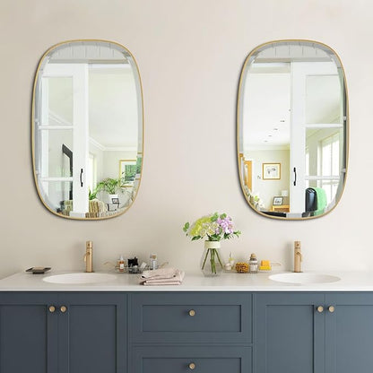 POZINO Brushed Gold Mirror, 20"x30" Brass Beveled Mirrors for Bathroom, Rounded Rectangle Mirror, Modern Vanity Wall Mirrors in Premium Stainless Steel Frame Hangs Horizontal Or Vertical