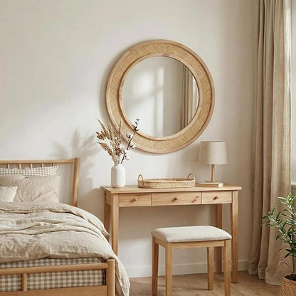 24" Round Rattan Mirror, Circle Wall Mirror, Farmhouse Wooden Vanity Mirror with Handmade Wicker Frame, Decorative Boho Mirror for Nursery Bedroom Living Room Entryway Nature