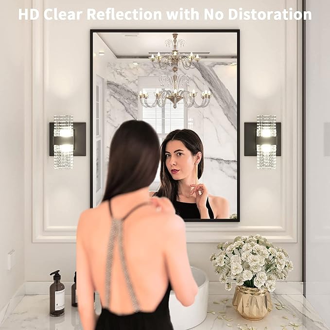 LOAAO 28"X36" Black Rectangle Bathroom Mirror Wall, Matte Black Aluminum Alloy Frame, Tempered Glass, Hangs Vertically or Horizontally, Easy to Install