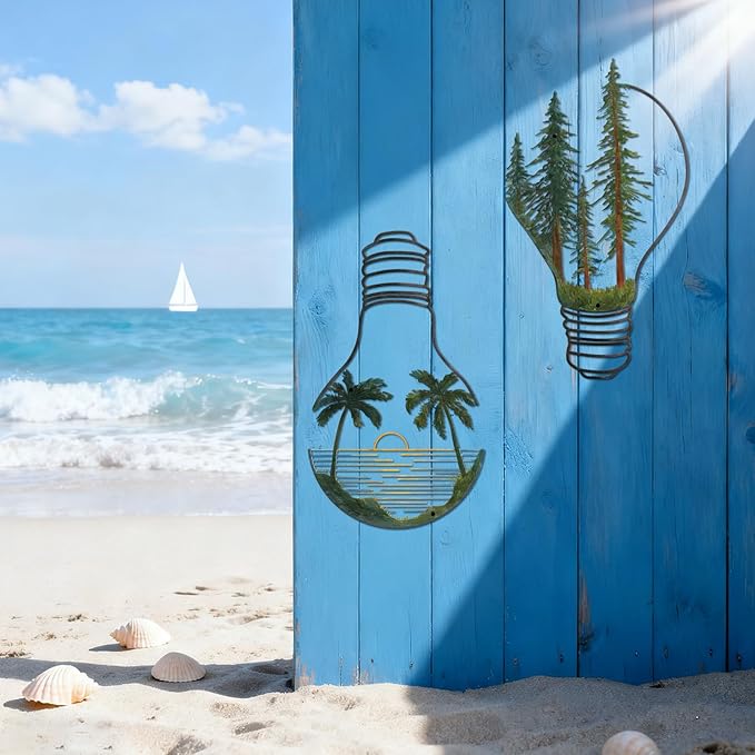 ESTART Metal Pine Tree Wall Art, Metal Bulb Wall Decor, Nature Rustic Farmhouse Cabin Decor, Forest Wall Art for Home Living Room Bedroom Office Indoor and Outdoor Decoration (Colorful)