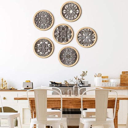 Ferraycle 6 Pieces Thicken Rustic Wall Decor Farmhouse Wall Art Wooden Round Art Hanging Decoration Hollow Carved for Living Room Bedroom Kitchen Office Apartment Hallway(Wood Color)
