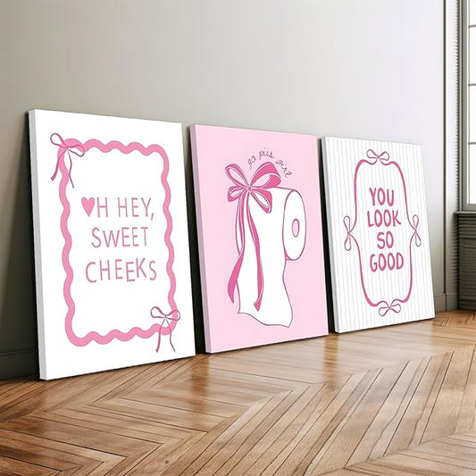JBZDD 3Pcs Pink Bow Bathroom Canvas Wall Art Bowknot Coquette Posters Prints Preppy Picture Decor For Bathroom Washroom Restroom 16x12in Framed