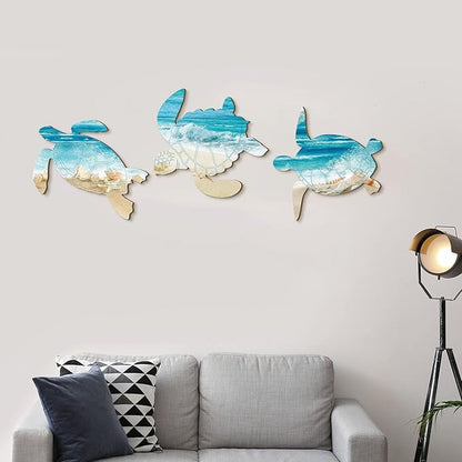 Tatuo 3 Pcs Summer Coastal Wall Decor Bathroom Beach Blue Wall Art Sea Turtle Surfboard Seahorse Starfish Seashell Conches Crabs Sea Life Decor for Bedroom Home (Fresh Turtle Style)