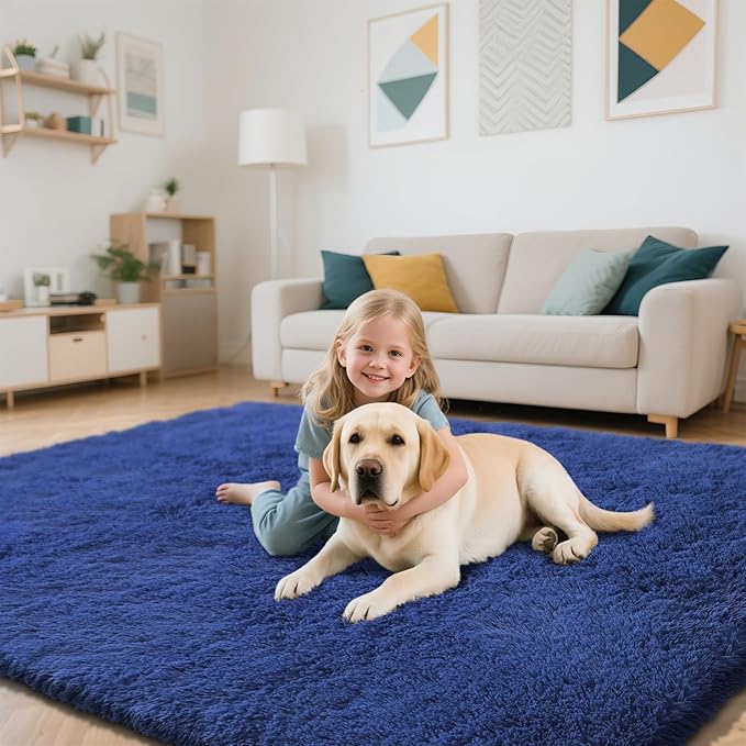 Blue Fluffy Rug Shag Area Rug, 3x5 Area Rugs for Girls Bedroom, Soft Cute Baby Play Mat, Indoor Floor Carpet for Teen, Nursery, Preppy Dorm, Plush Aesthetic Bedside Rug