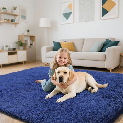 Blue Fluffy Rug Shag Area Rug, 3x5 Area Rugs for Girls Bedroom, Soft Cute Baby Play Mat, Indoor Floor Carpet for Teen, Nursery, Preppy Dorm, Plush Aesthetic Bedside Rug