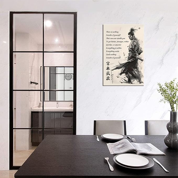 Japanese Samurai Wall Art Miyamoto Musashi Canvas Prints Vintage Japanese Artwork Motivational Poster Inspirational Quotes Painting for Men Bedroom Living Room Office (28''W x 44''H)