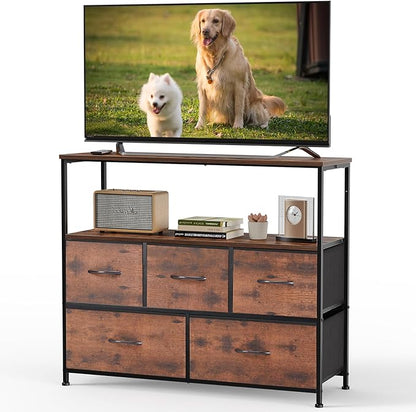 DUMOS TV Stand, Dresser with 5 Fabric Storage Drawers, Media Console Featuring Open Shelf for TV, Compact Entertainment Unit for Bedroom, Living Space, or Dorm Organization, Brown
