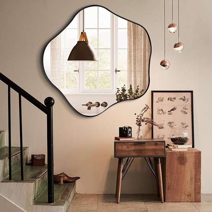Large Scalloped Mirror, 35" Irregular Shaped Mirror, Asymmetrical Wall Mirrors Decorative, Modern Wavy Round Mirrors for Living Room Bathroom Bedroom Hallway Entryway Fireplace