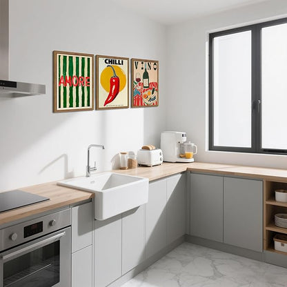 Framed Kitchen Wall Art Set of 3, Abstract Table Food Kitchen Wall Decor, Chilli Pictures Prints Artwork, Vintage Dining Room Canvas Painting, Modern Kitchen Home Decoration – 16x24 inch