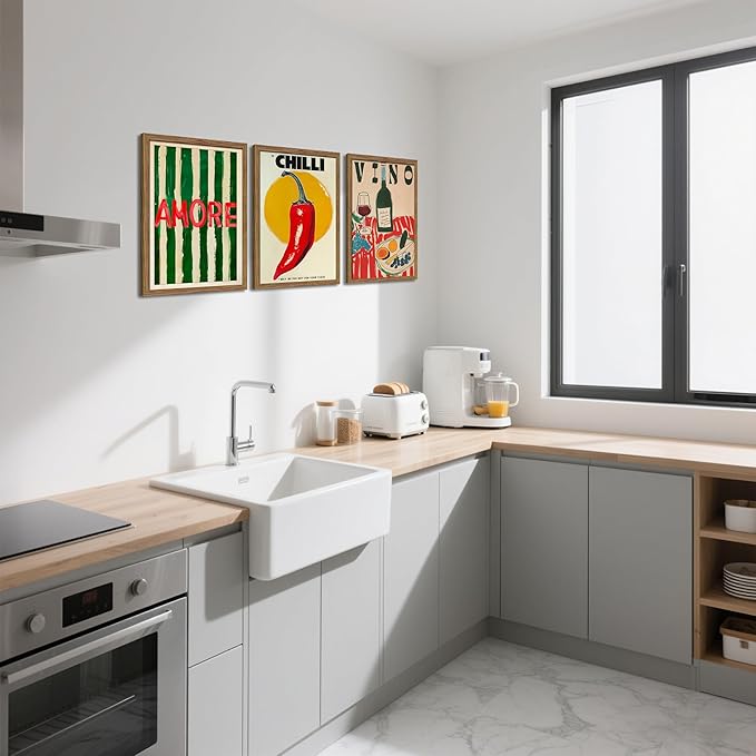 Framed Kitchen Wall Art Set of 3, Abstract Table Food Kitchen Wall Decor, Chilli Pictures Prints Artwork, Vintage Dining Room Canvas Painting, Modern Kitchen Home Decoration – 12x16 inch