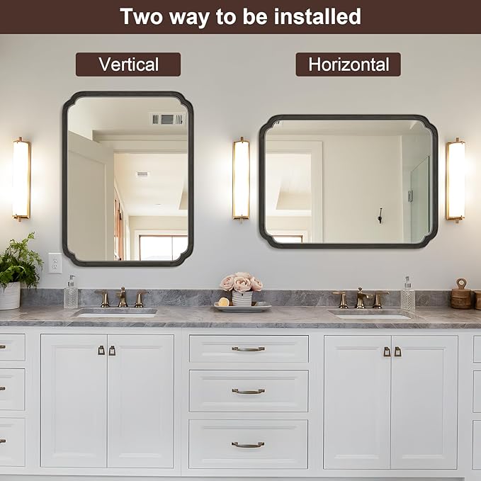 HOMECOOKIN Wood Bathroom Mirror for Wall Decor Arched Rounded Corner Rustic Wood Frame Wall Mirror Home Decorative for Vanity, Living Room, Bedroom, Entryway (30 x 40 inch, Black)