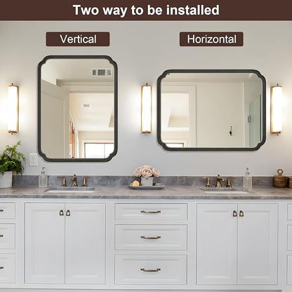 HOMECOOKIN Wood Bathroom Mirror for Wall Decor Arched Rounded Corner Rustic Wood Frame Wall Mirror Home Decorative for Vanity, Living Room, Bedroom, Entryway (30 x 40 inch, Black)