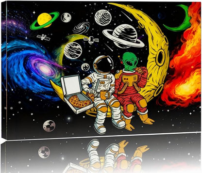 12x16 Space Astronaut Alien Pizza Party Canvas Wall Art Black Cosmic Prints Moon Planet Poster Home Framed Decor Kids Bedroom Fantasy Painting Teen Boy Room Funny Gift Picture Child Study Room Photo