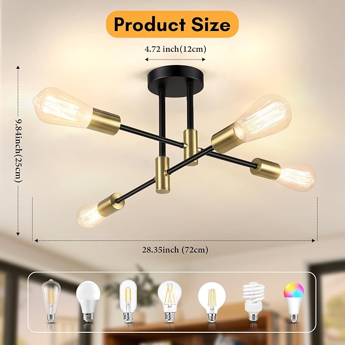Bosceos Semi Flush Mount Ceiling Light Fixture, 4-Light Modern Black and Gold Sputnik Chandelier Industrial Ceiling Lamp for Kitchen Dining Room Living Room Bedroom Foyer