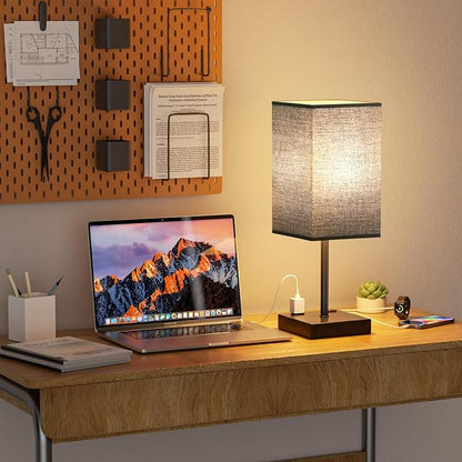 PLUS Black Bedside Lamp for Nightstand - Touch Table Lamp With Type C + A and AC Outlet, Square Charging Lamps For Bedroom Decor, Small Night Light For Office, Dorm Lamp For Men, E26 Bulb Included