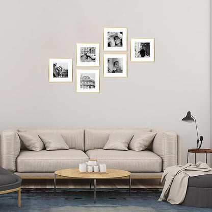Golden State Art, Gallery Wall Frame Set of 6 - Gold 12x12 Aluminum Photo Frames with Mat for 8x8 Pictures - 12 x 12 inch Metal Frame with Real Glass Cover - Elegant Home or Office Decor