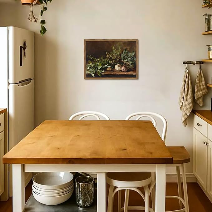 Framed Vintage Kitchen Wall Art, Rustic Garlic and Herbs Pictures Wall Decor Paintings, Farmhouse Cottagecore Canvas Prints Artwork for Home Dining Room Living Room 16x24 inch