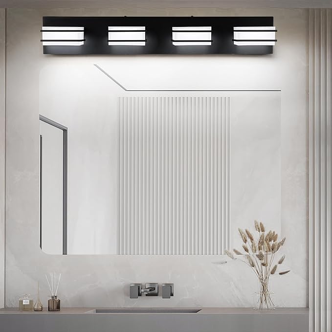 GOODATE 3 Color Temperature Dimmable Bathroom Light Fixtures Over Mirror, LED Black 4 Light Vanity Lighting Fixtures, Acrylic Stainless Steel Square Shade Vanity Lights for Bathroom, ETL Certificated