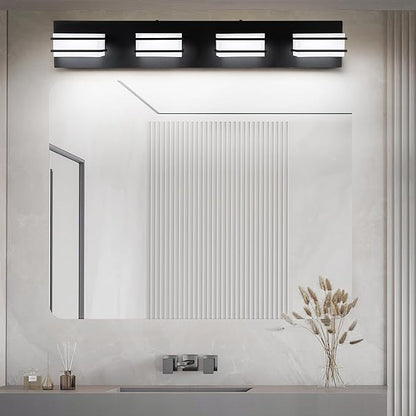 GOODATE 3 Color Temperature Dimmable Bathroom Light Fixtures Over Mirror, LED Black 4 Light Vanity Lighting Fixtures, Acrylic Stainless Steel Square Shade Vanity Lights for Bathroom, ETL Certificated