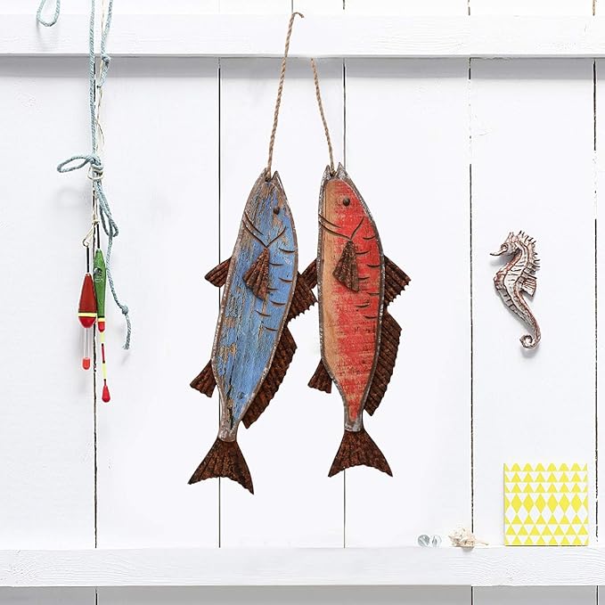 Wooden Fish Hanging Wood Decor for Wall, Rustic Nautical Beach Theme Home Decoration Sculpture Home Decor for Bathroom Bedroom Lake House Decoration