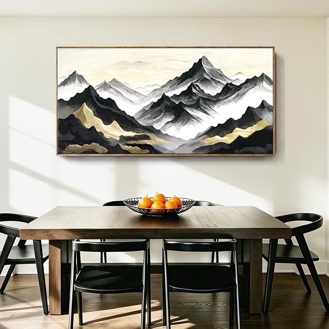 Extra Large Framed Natural Abstract Living Room Wall Art, Black White And Gold Mountain Canvas Wall Decor, Modern And Elegant Landscape Print Picture For Dining Rooms, Bedrooms, Lounges, Offices, And Hallways. 58X29 Inches.