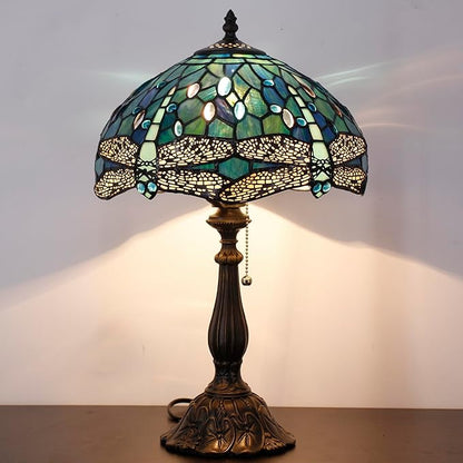 Tiffany Table Lamp Stained Glass Lamp 12X12X19 Inch Antique Reading Light (Blue Dragonfly)