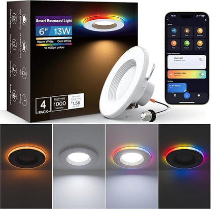 Smart Recessed Lighting 6 Inch, Dual Light RGBCW LED Can Lights with Music Sync, Anti-Glare Color Changing Ceiling Light Compatible with Alexa/Google, Dimmable Retrofit Downlight for Bedroom, 4 Pack