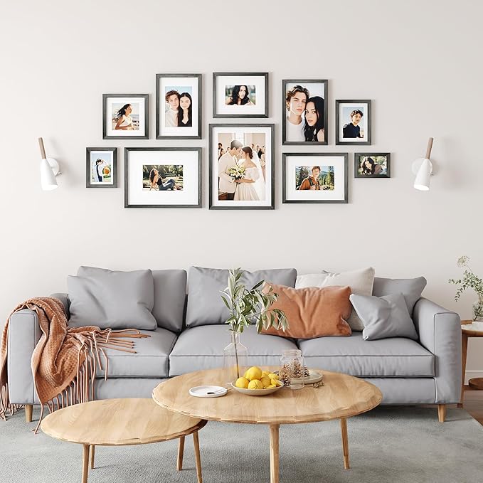 Egofine 8x8 Picture Frames Made of Solid Wood with Plexiglass, Display Pictures 4x4/6x6 with Mat or 8x8 Without Mat Set of 4 for Tabletop and Wall Mounting, Rustic Black