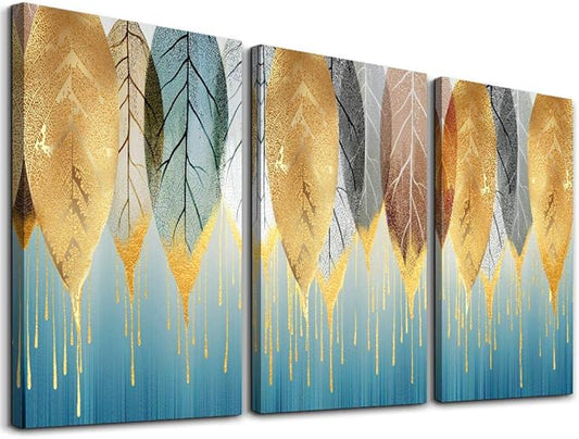 Fashion Wall Art for Living Room Family Wall Decor for Bedroom Modern Wall Decorations for Kitchen Canvas Art Golden Leaves Abstract Paintings Bathroom Hang Pictures Artwork Home Decoration 3 Pieces