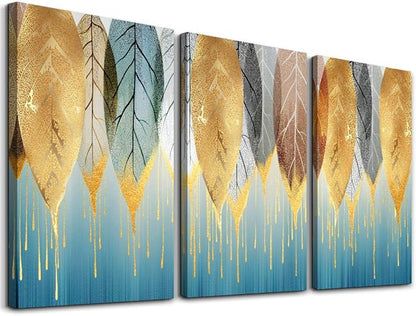 DZRWUBHS Fashion Golden Leaves Abstract Paintings Wall Art for Living Room Family Wall Decor for Bedroom Wall Decorations for Kitchen Canvas Art Hang Pictures Artwork Large Home Decoration 3 Pieces
