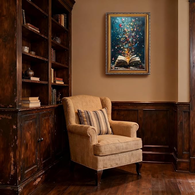 Balsuka Colorful Butterfly Wall Art Book Poster Trendy Painting Aesthetic Pictures Vintage Bookish Wall Decor Retro Library Canvas Print for book lover Reading Nook Bedroom 24x36inch Vintage Framed