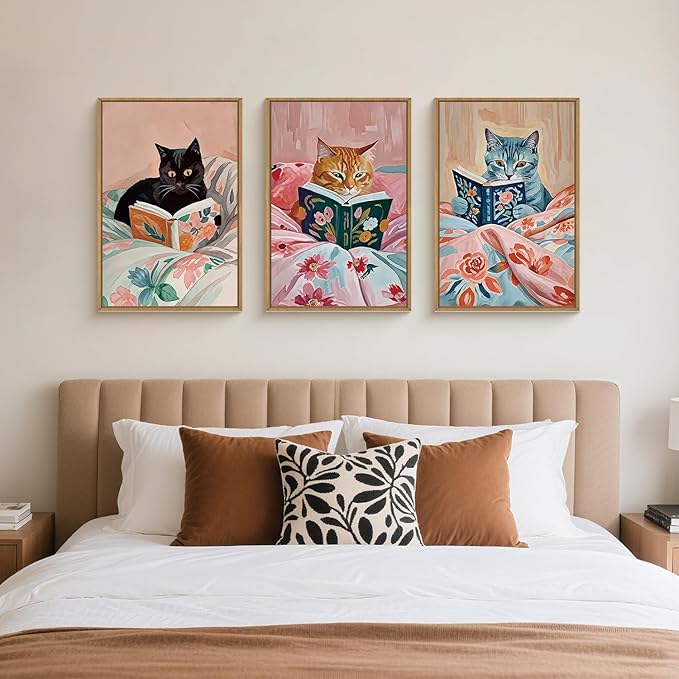 HPNIUB Cute Reading Cat Framed Wall Art Set,Funny Black Cat Animal Book Wall Decor,Vintage Colorful Pink Aesthetic Art Print Artwork for Nursery Girls Bedroom,Bathroom,Office-16''x24''x3