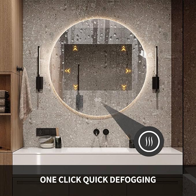 Round LED Bathroom Mirror with Light, Backlit Mirror for Bathroom, Frameless LED Smart Vanity Mirror with 3 Color Lights, Anti-Fog, Smart Touch Button, Shatter-Proof, IP65, 90+ CRI (36" L x 36" W)