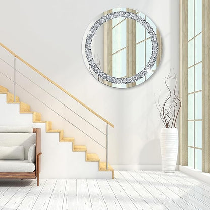 24 Inch Crushed Diamond Round Glass Wall Mirror, Bathroom Mirror, Wall Decoration Hanging Mirror, Suitable for Living Room, Bedroom, Vanity