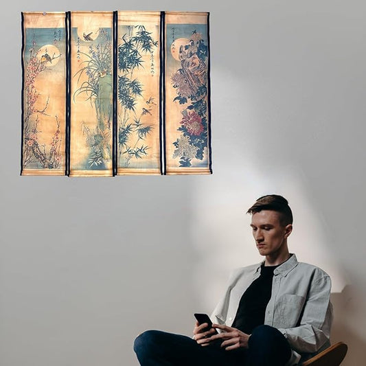 CIFIBIFUN Wall Asia Art Prints Posters Painting Eastern Bird Plants Flower Vintage Style,4 Panels Large Floral Home Walls Foldable Decor (Super Old Aging Paper, A Plants Birds)